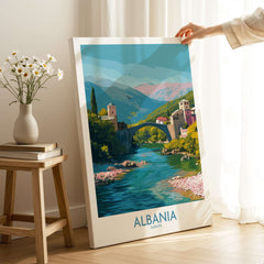 Albania Historic Stone Bridge Art Print | Mountain River Landscape Poster displayed in a home setting.