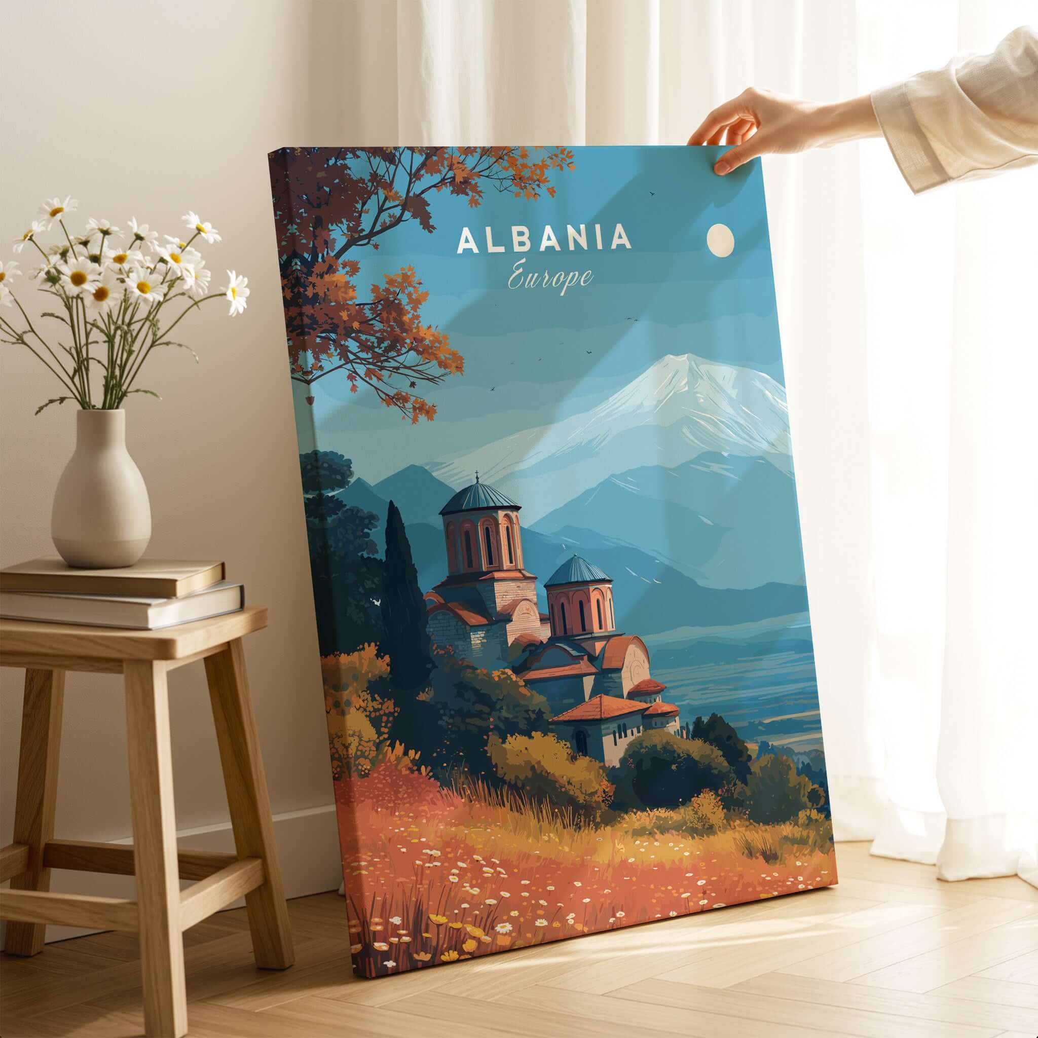 Albania Canvas Print | Framed and Unframed Travel Wall Decor featuring a monastery and mountains.