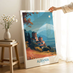 Albania Snow Mountain Church Art Print | Historic Monastery Landscape Poster showcasing serene landscapes and sacred architecture.