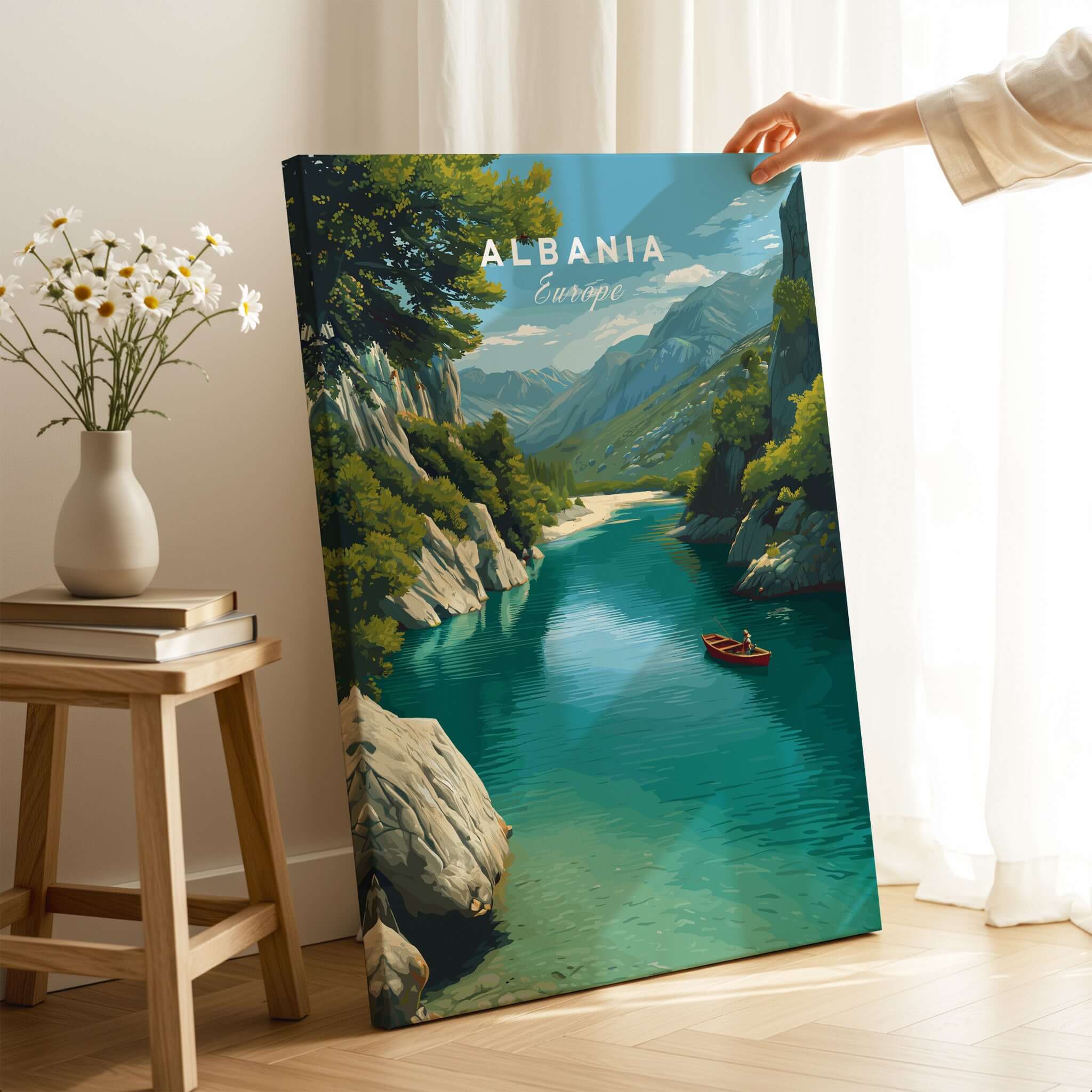 Albania Canvas Art Print showcasing stunning mountain landscape and turquoise river in Albania.