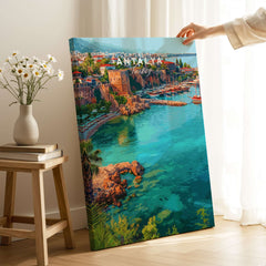 Antalya Marina and Red Tower Canvas Print | Turkish Coastal Wall Decor showcasing turquoise waters and vibrant coastal scenery.