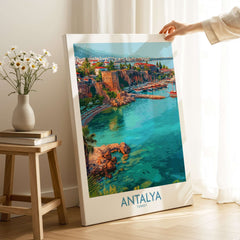 Antalya Turkey Old Harbor Art Print | Mediterranean Bay Travel Poster in a stylish living room setting.