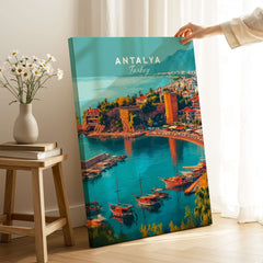 Antalya Canvas Print | Turkish Beach Wall Art featured in a cozy home setting with vibrant coastal scenery.