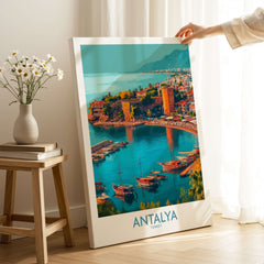 Antalya Turkey Kaleci Port Art Print | Historic Red Tower Poster displayed in a cozy interior with floral decor.