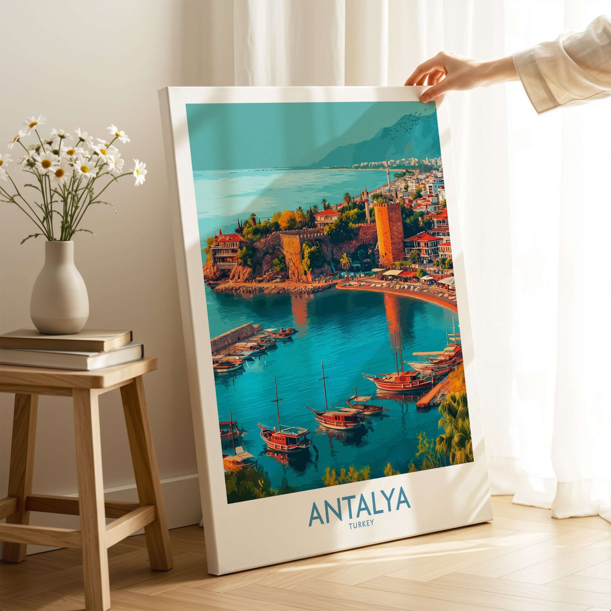 Antalya Turkey Kaleci Port Art Print | Historic Red Tower Poster displayed in a cozy interior with floral decor.