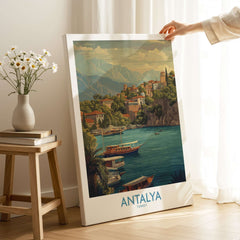 Antalya Turkey Harbour Cliff Art Print | Taurus Mountains View Poster showcasing Antalya's stunning coastal scenery.