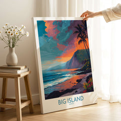 Big Island Hawaii Sunset Beach Art Print | Tropical Palm Tree Poster displayed in a cozy interior setting.