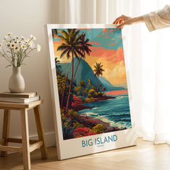 Big Island Hawaii Tropical Beach Art Print | Lush Green Coast Poster featuring vibrant palm trees and sunset over ocean.
