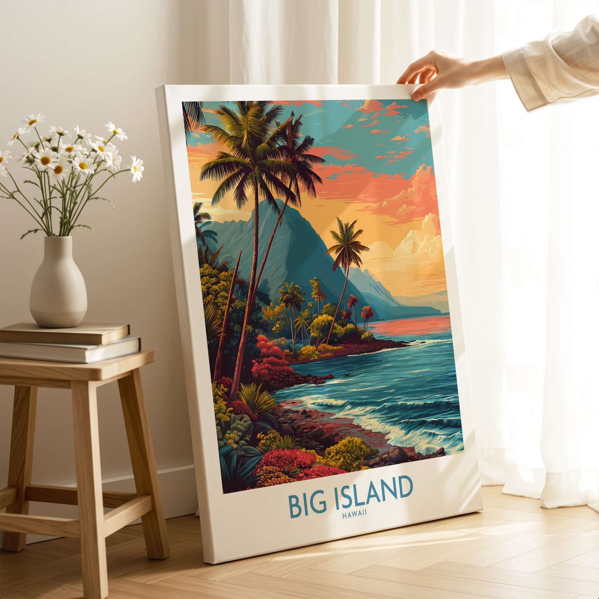 Big Island Hawaii Tropical Beach Art Print | Lush Green Coast Poster featuring vibrant palm trees and sunset over ocean.