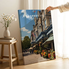 Harrogate Street View Print | Yorkshire Home Decor displayed in a cozy home setting, featuring vibrant flowers and charming architecture.