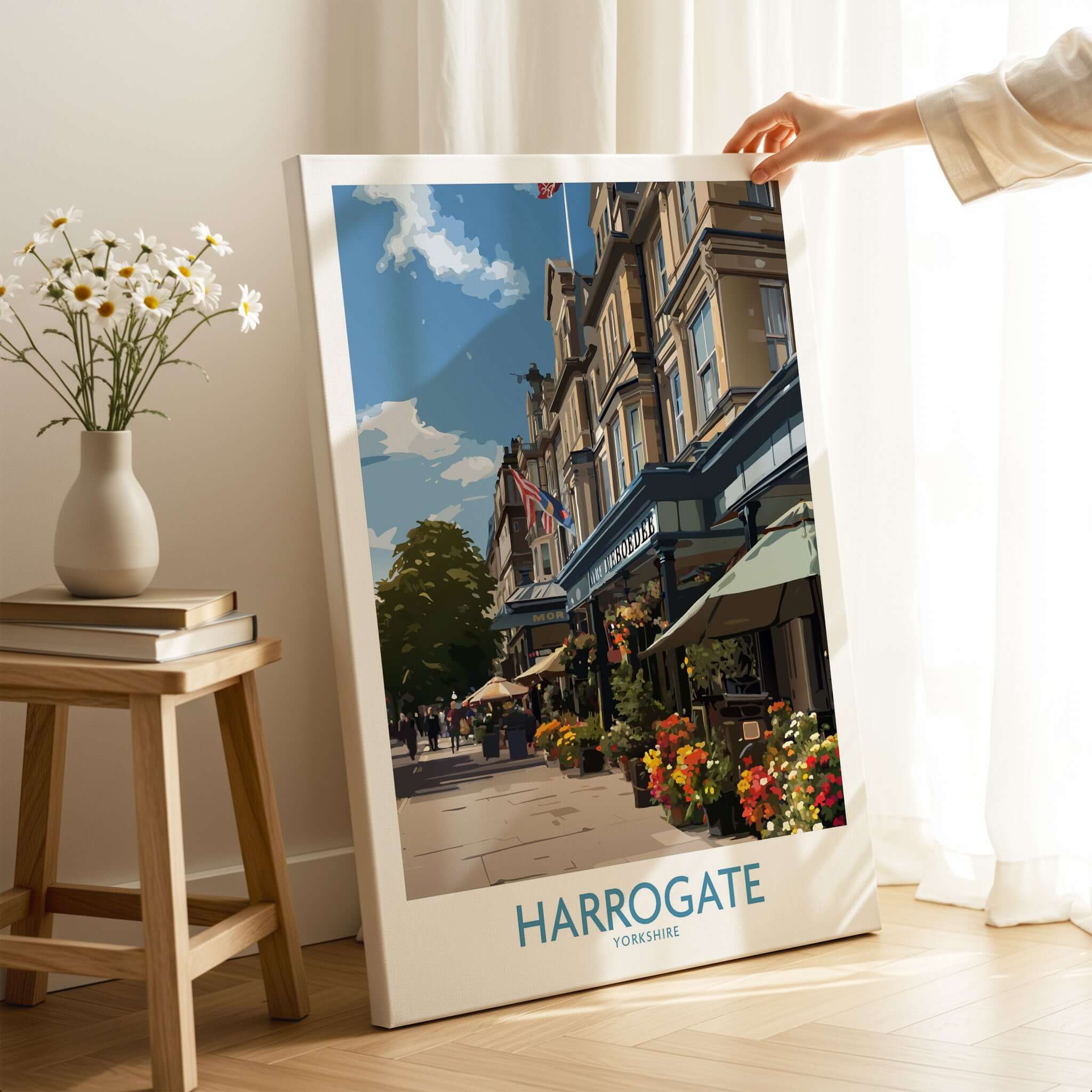 Harrogate Yorkshire Art Print | Floral Cafe Scene Poster showcasing charming café and floral decor.