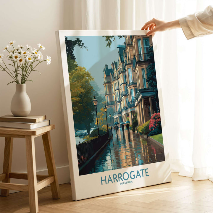 Harrogate Yorkshire Victorian Terrace Art Print | Rainy Street Poster displayed in a cozy interior setting with flowers.