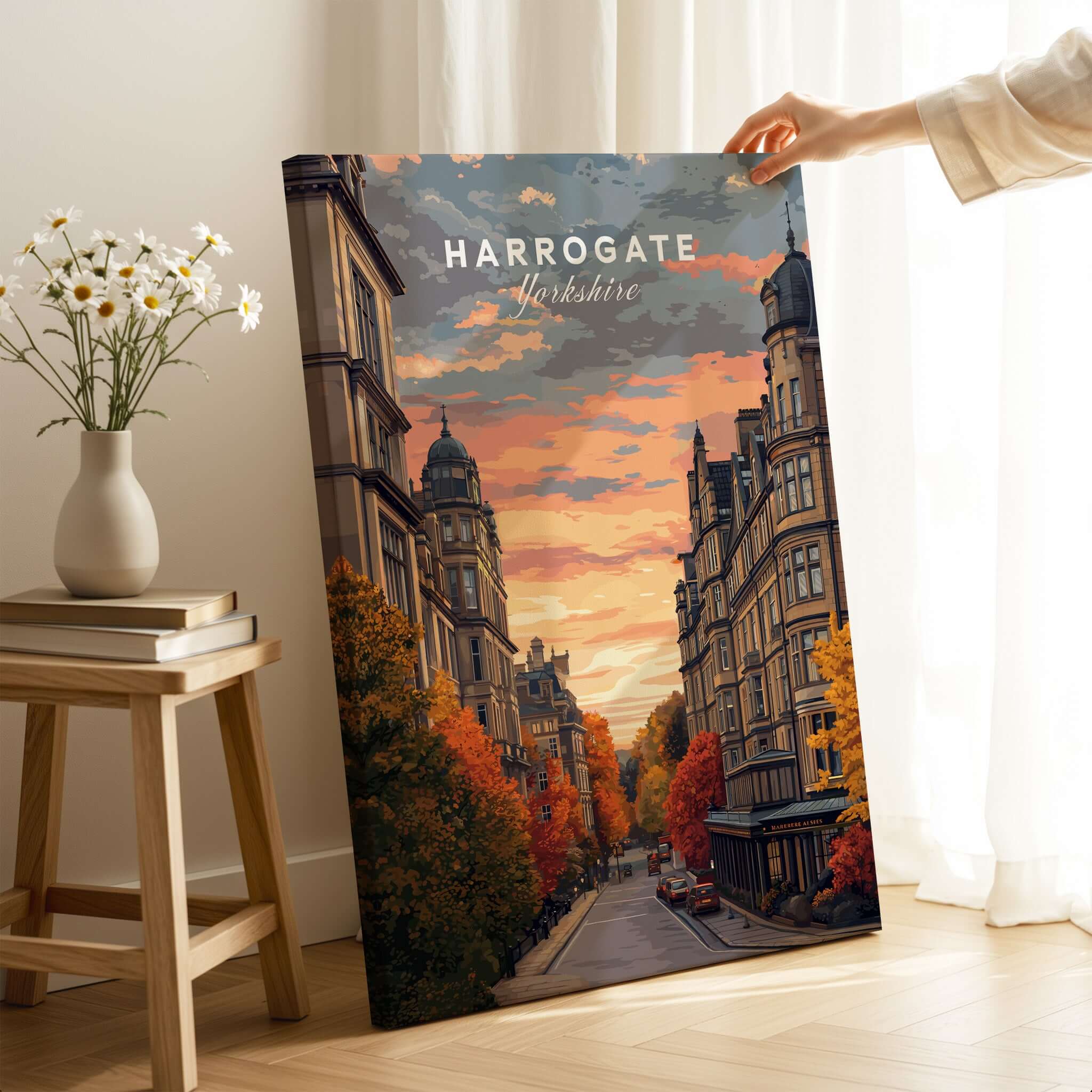 Harrogate Print | English Travel Wall Decor showcasing a street view of Harrogate, Yorkshire with autumn colors.