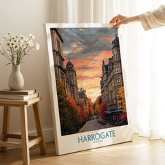 Harrogate Yorkshire Autumn Street Art Print | Sunset Avenue Poster showcasing a street view with autumn colors.