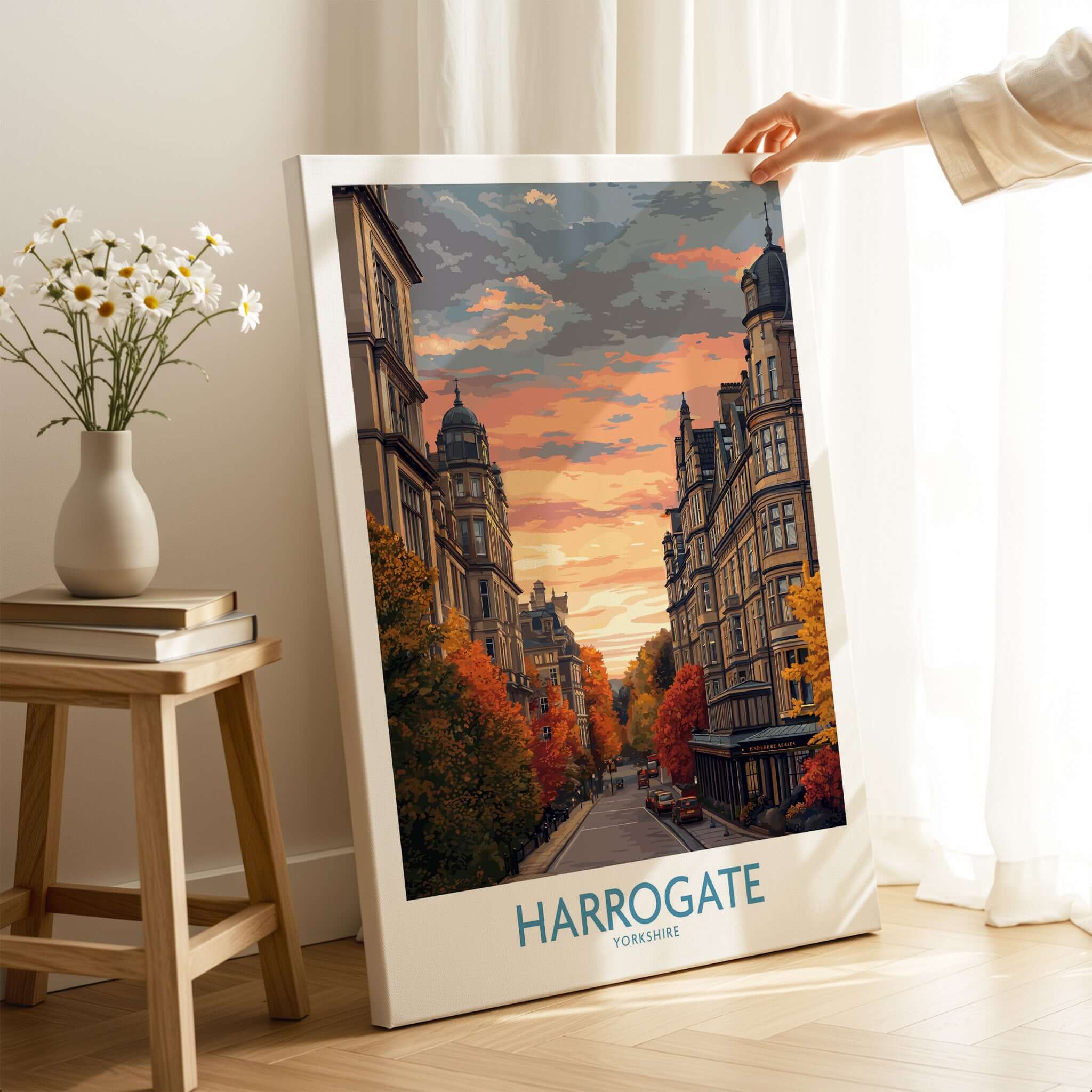 Harrogate Yorkshire Autumn Street Art Print | Sunset Avenue Poster showcasing a street view with autumn colors.