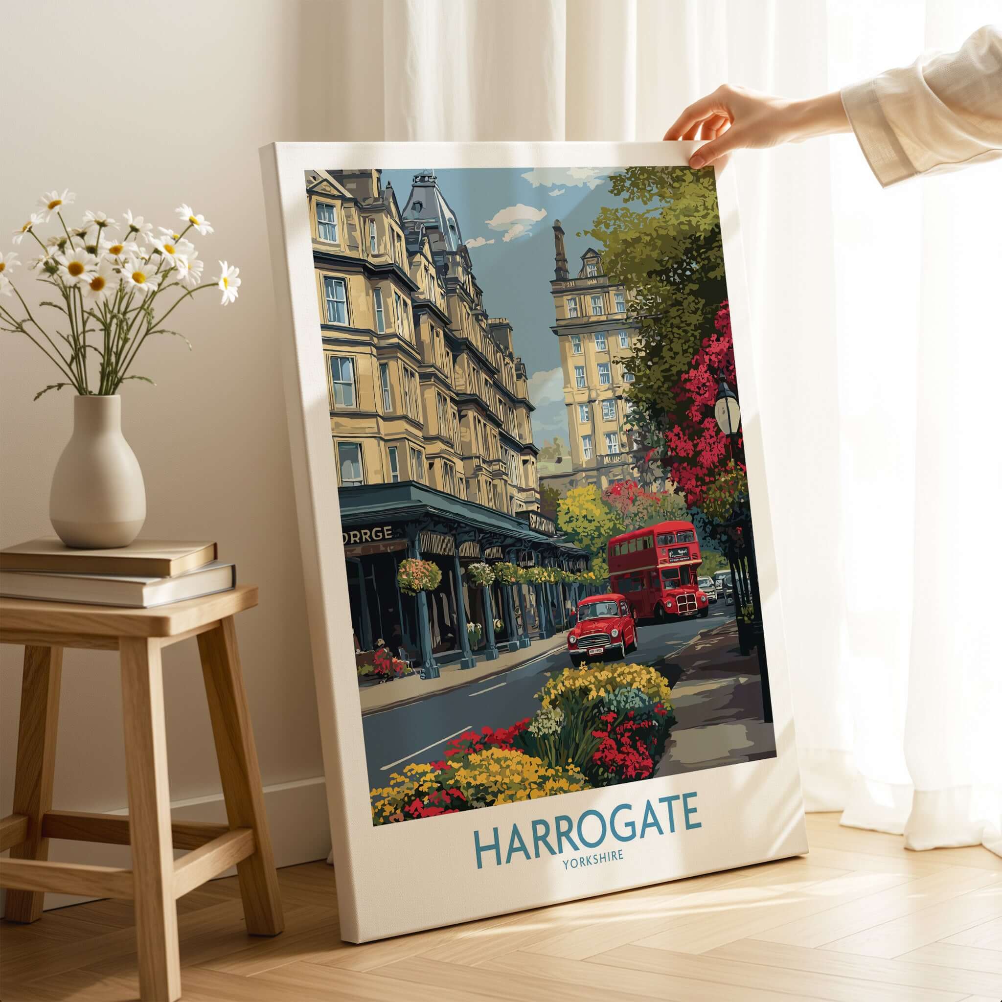 Harrogate Yorkshire Print | Floral Street Scene Poster showcasing vibrant floral scenery and charming street in Harrogate.