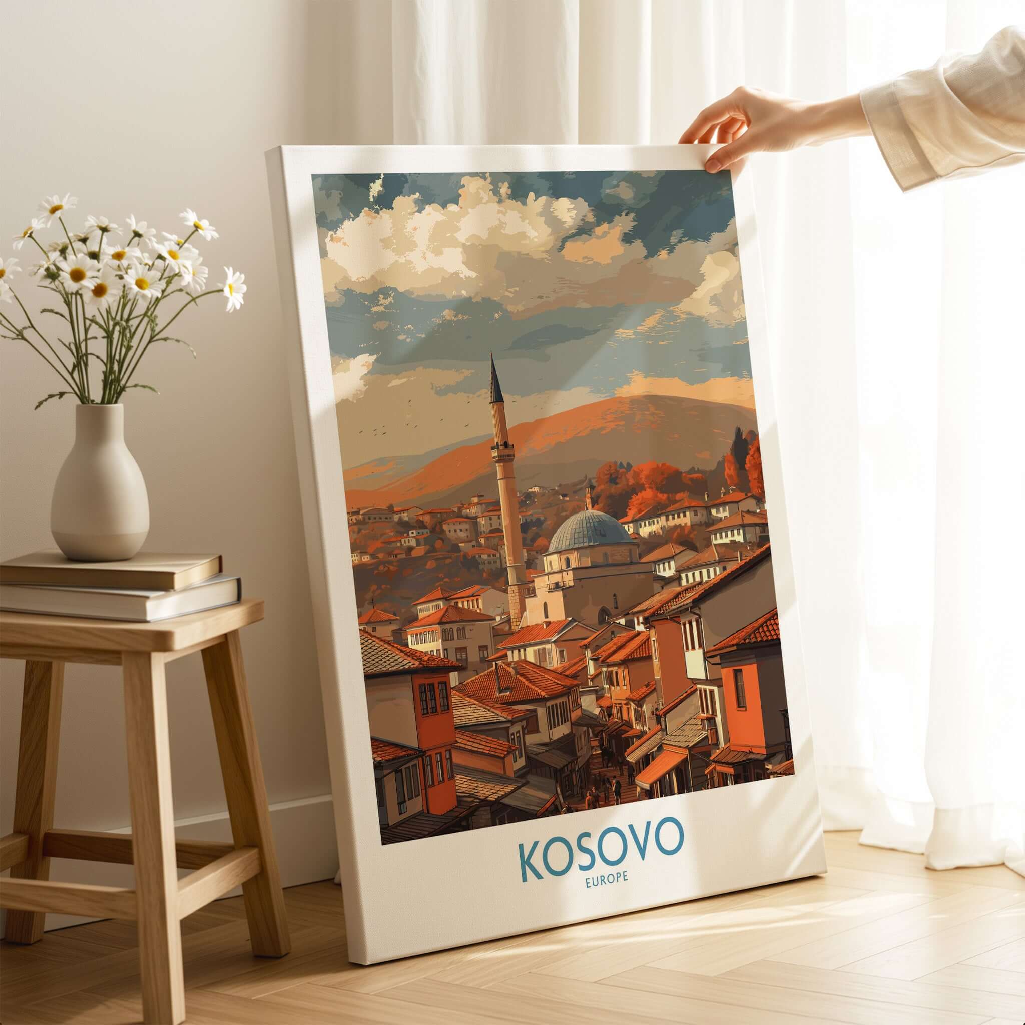 Kosovo Prizren Old Town Art Print | Historic Mosque View Poster featuring a picturesque town view.