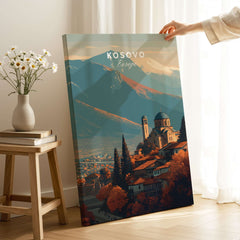 Kosovo Historic Church Hill View Canvas Print | European Wall Decor showcasing a scenic landscape of Kosovo's architecture.