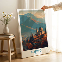 Kosovo Monastery and Mountains Art Print | Autumn Balkan Landscape Poster on display, featuring autumn colors and majestic mountains.