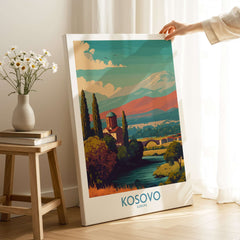 Kosovo Art Print | Snowy Mountain Balkan Poster showcasing picturesque landscape with mountains and river