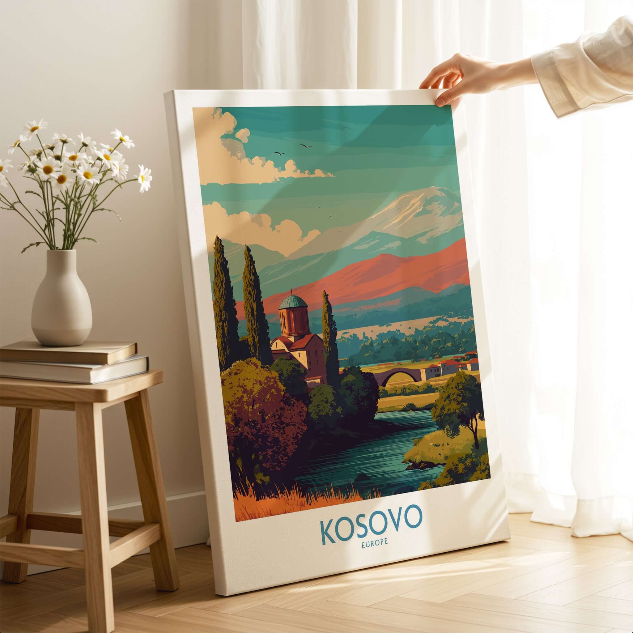 Kosovo Art Print | Snowy Mountain Balkan Poster showcasing picturesque landscape with mountains and river