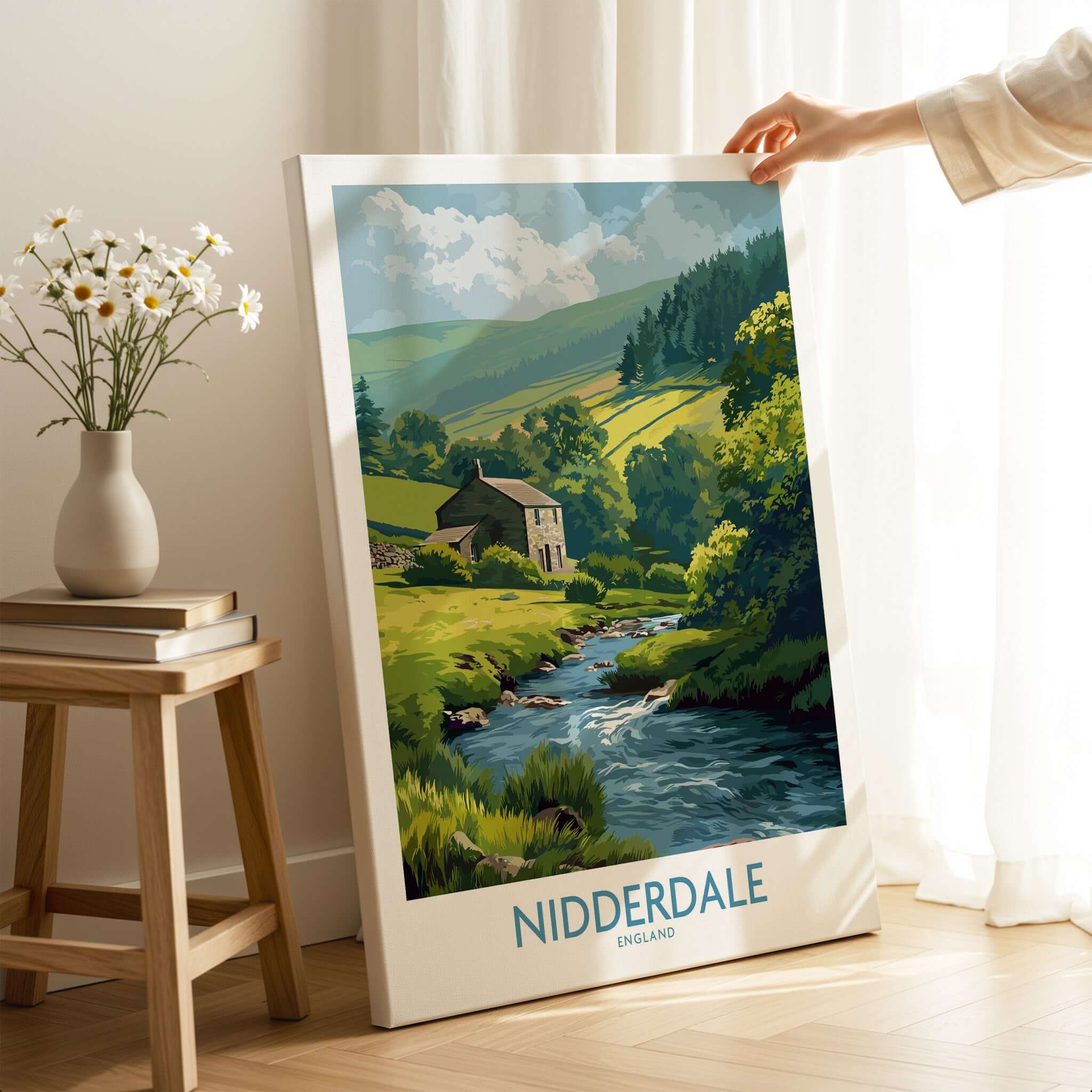 Nidderdale England Riverside Cottage Art Print | Yorkshire Valley Poster showcasing a scenic riverside cottage in Yorkshire.