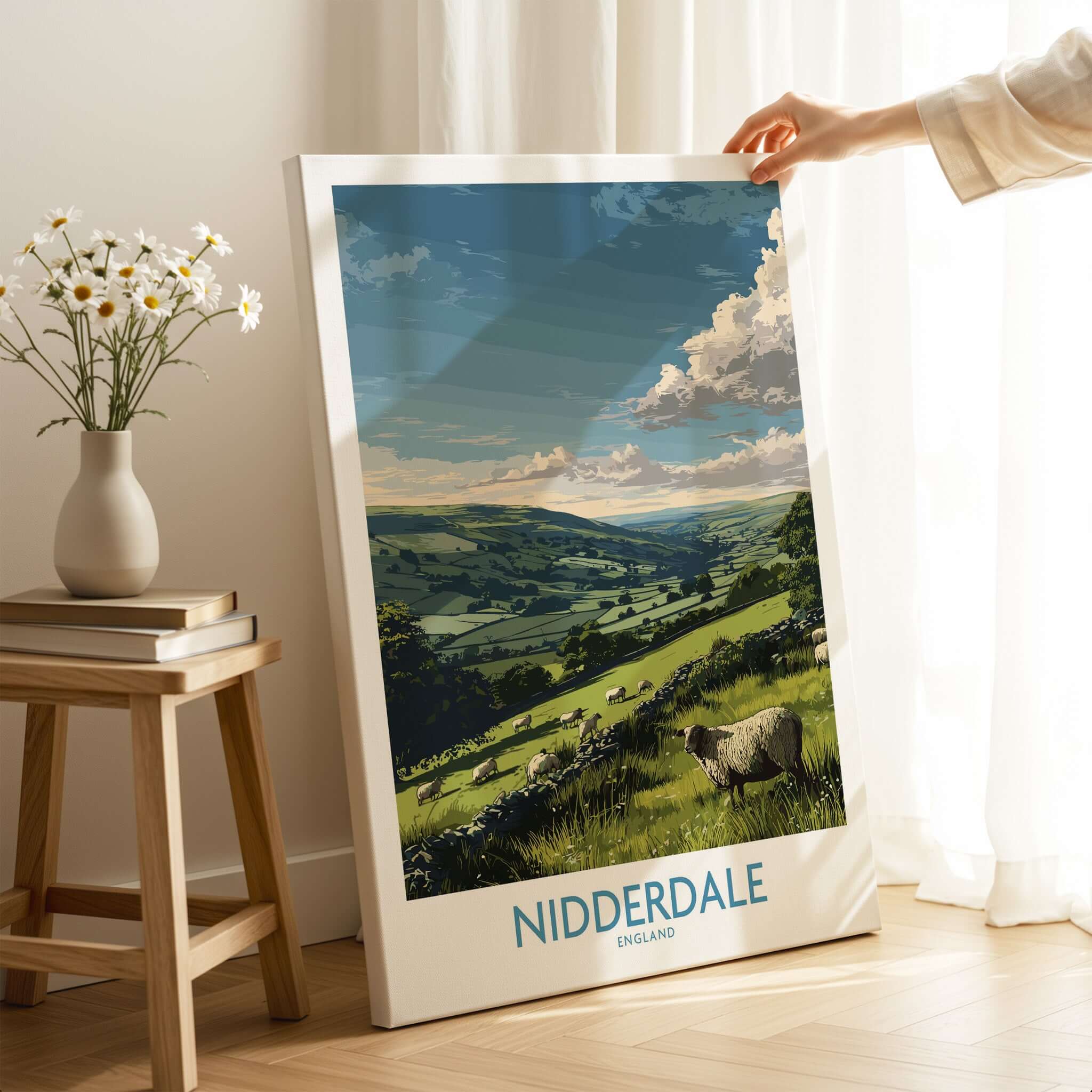 Nidderdale Art Print | Yorkshire Dales Sheep Poster showcasing a scenic landscape with sheep grazing in Yorkshire.
