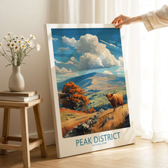 Peak District National Park Highland Cow Art Print | Derbyshire Landscape Poster displayed in a cozy home setting.