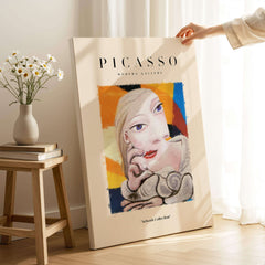 Picasso Blonde Woman Abstract Portrait Print Cubist Style Poster Artwork Collection displayed elegantly in a modern setting.