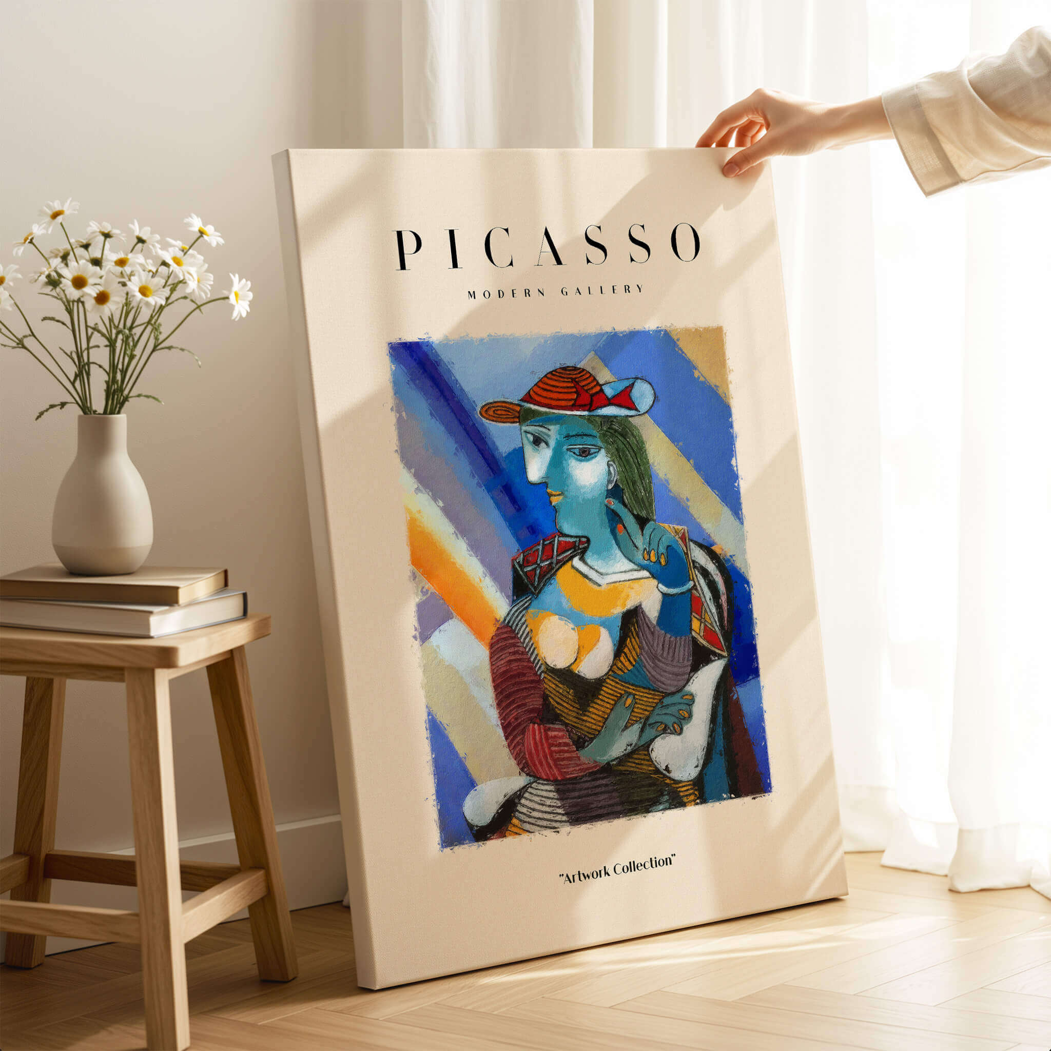 Picasso Woman Red Hat Blue Face Portrait Print Colorful Cubist Poster Artwork Collection displayed in a modern living space.
