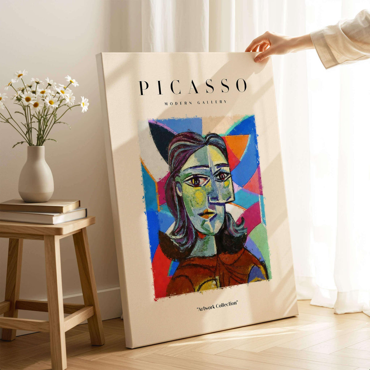 Picasso Woman Portrait Fragmented Abstract Poster Colorful Artwork Print Modern Gallery displayed on a stand with flowers.