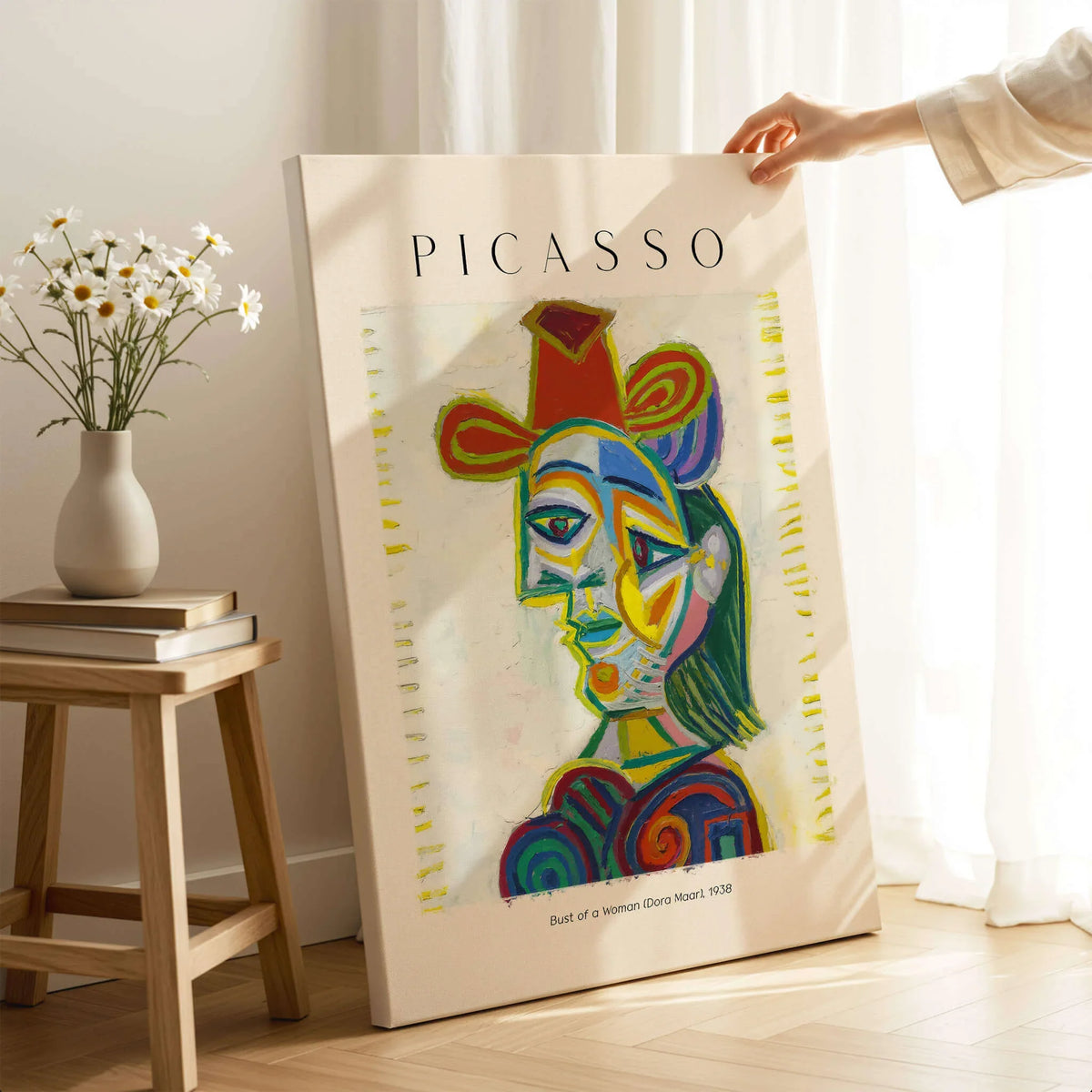 Picasso Bust Woman Dora Maar 1938 Portrait Art Print Colorful Cubist Poster Wall Art displayed in stylish living room.