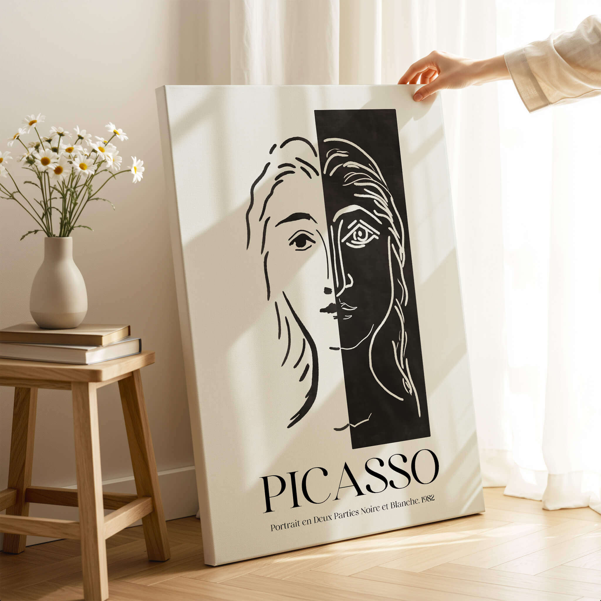 Picasso Portrait Deux Parties Black White Split Face Art Print Poster displayed indoors with natural light, highlighting modern design.