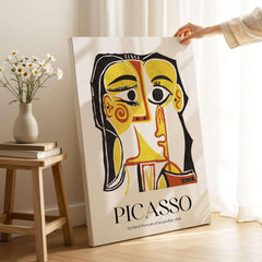 Picasso Stylized Portrait Jacqueline 1962 Abstract Art Print Yellow Red Poster displayed in a bright interior setting.