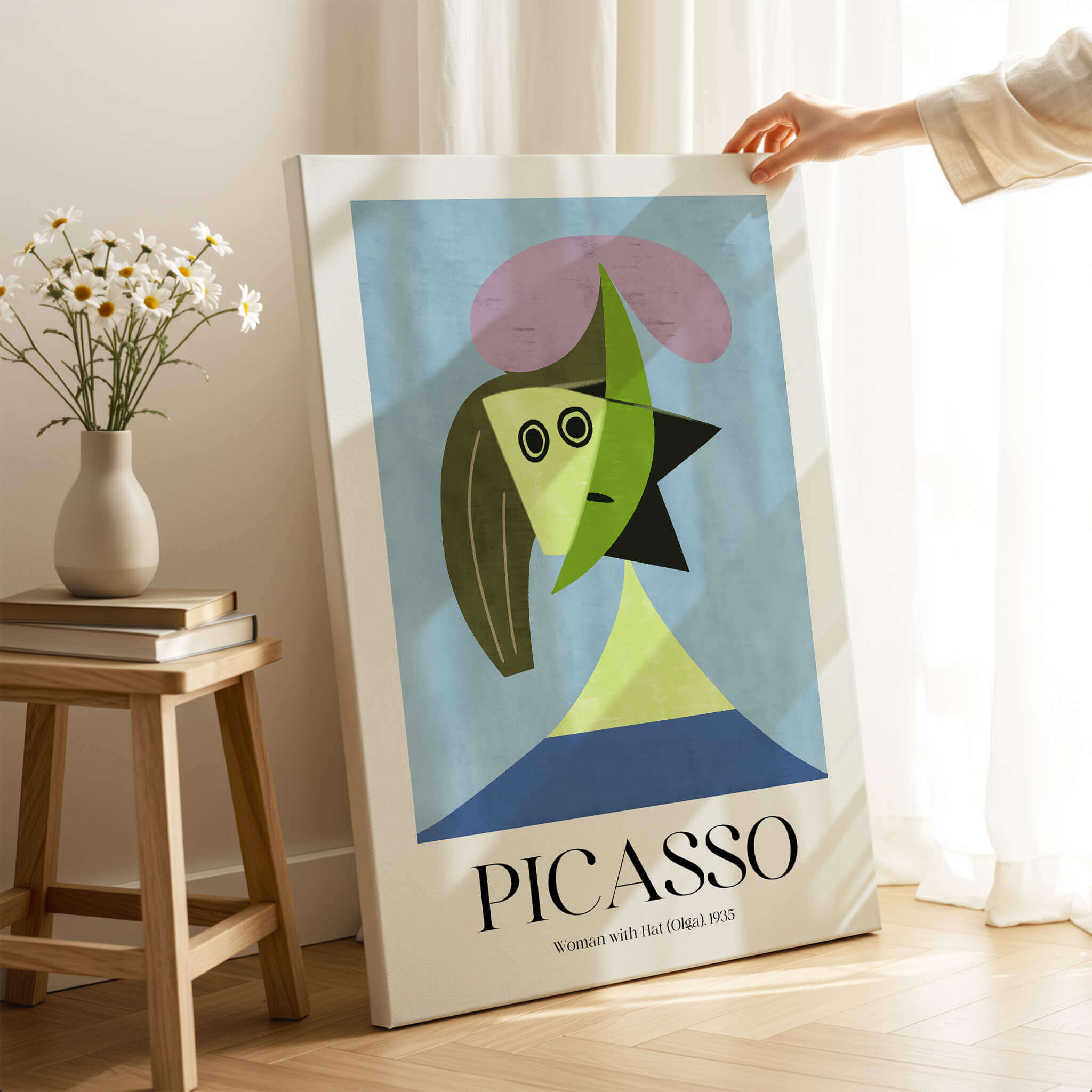 Picasso Woman Hat Olga 1935 Abstract Portrait Art Print Simple Shapes Poster Decor displayed in a modern home setting.