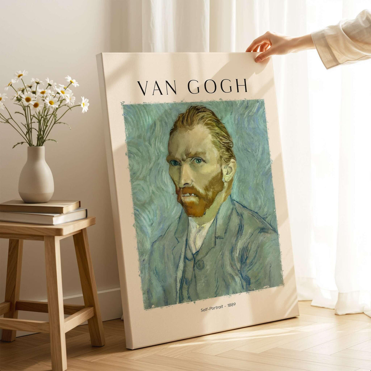 Vincent van Gogh Self Portrait 1889 Blue Post Impressionist Art Print Poster Wall Art displayed on a wall.
