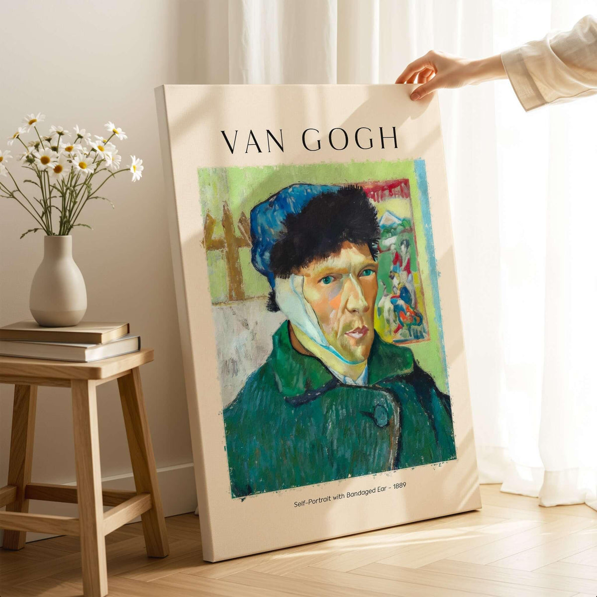 Vincent van Gogh Self Portrait Bandaged Ear 1889 Famous Art Print Poster Wall Decor displayed in a home setting.