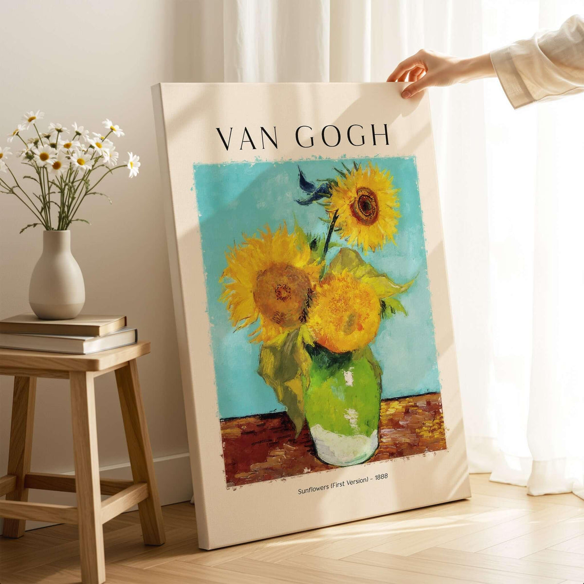 van Gogh Sunflowers Print - Sunflower Wall Art showcasing vibrant yellow flowers in a green vase against a turquoise background.
