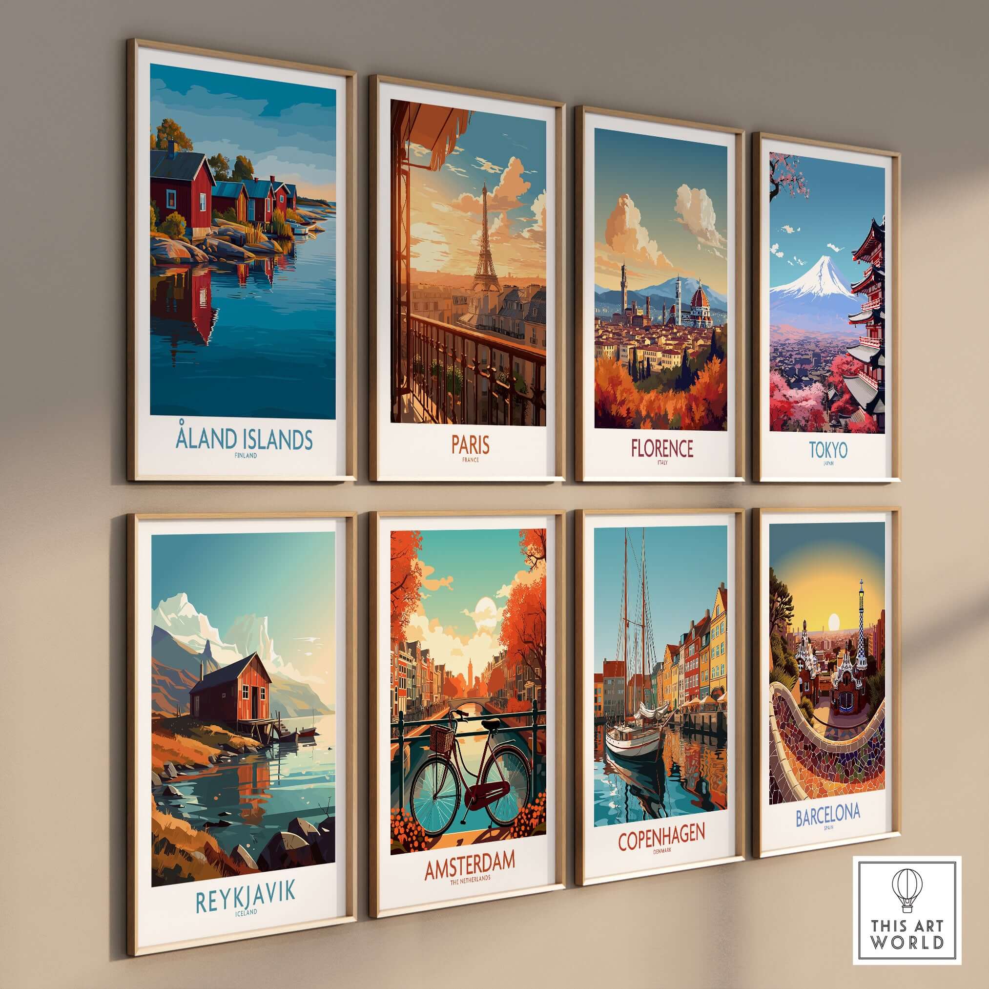 Åland Islands Art Print | Finland Archipelago Wall Decor Poster alongside vibrant city art prints on a stylish wall.