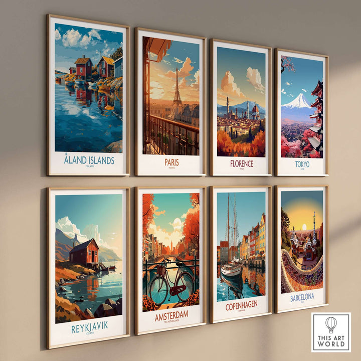 Åland Islands Finland Print | Nordic Coastal Village Poster showcased among various city prints on a wall.
