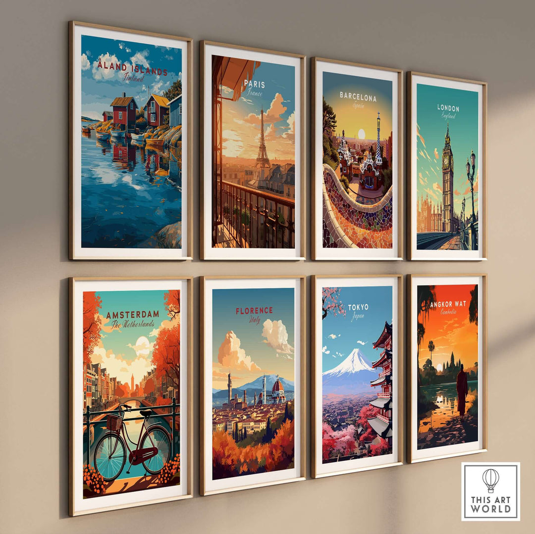 Åland Islands Poster | Scandinavian Sea Wall Decor displayed among other city posters for eclectic wall art.