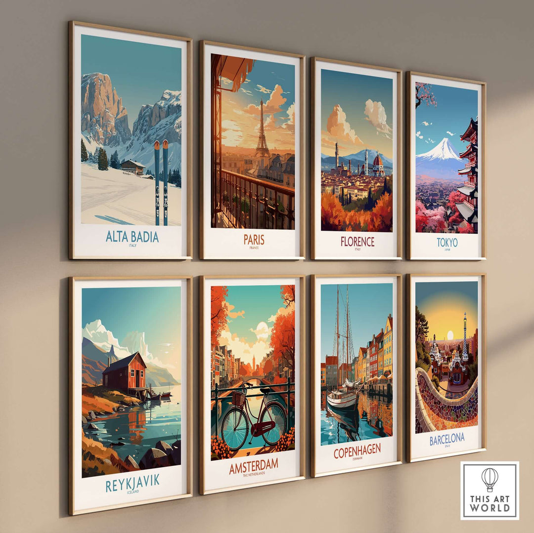 Collection of travel wall art featuring destinations like Alta Badia and Paris, showcasing stunning landscapes and cityscapes.