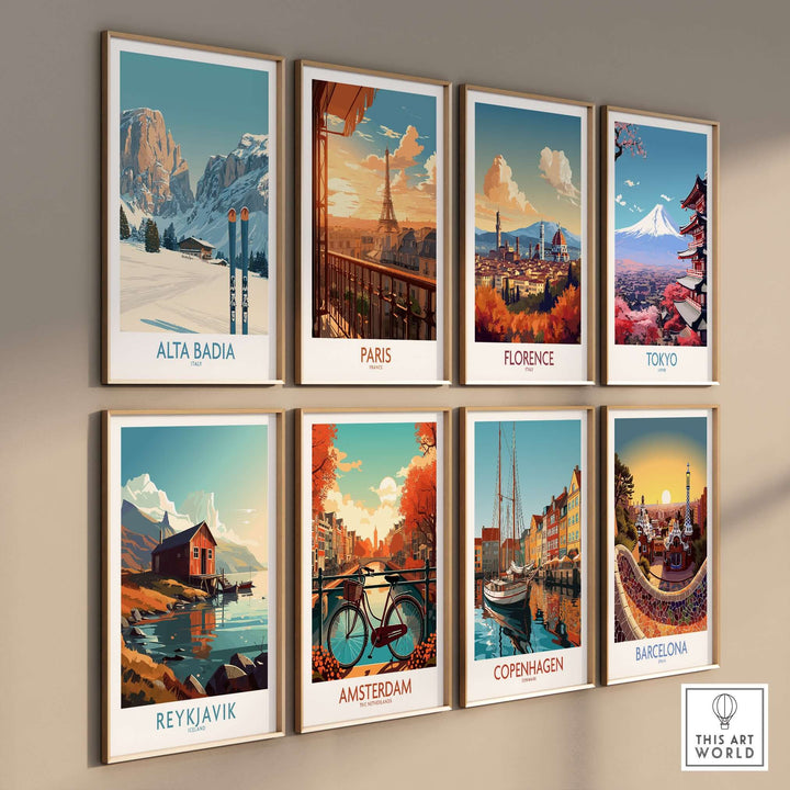 Collection of travel wall art featuring destinations like Alta Badia and Paris, showcasing stunning landscapes and cityscapes.