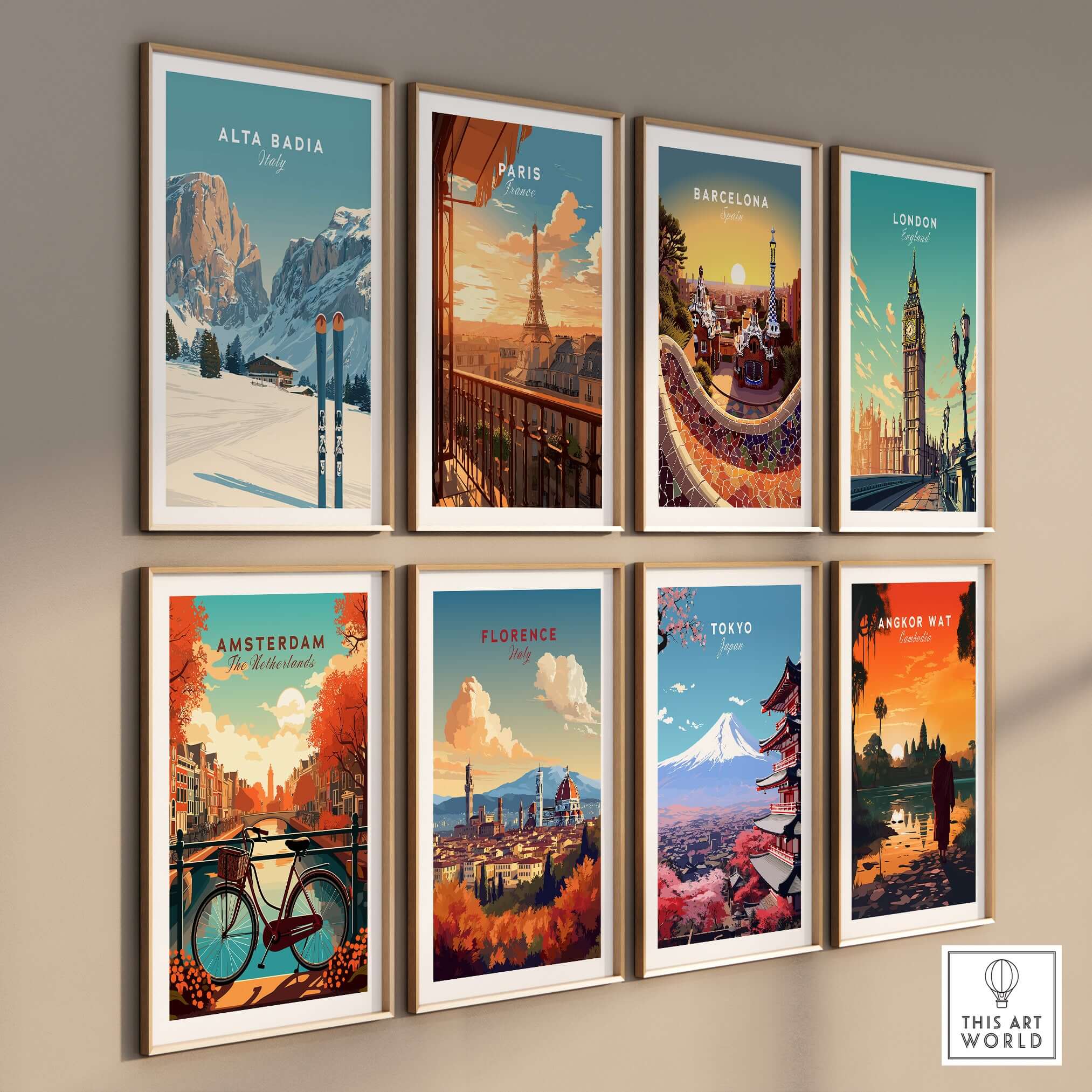 Collection of travel posters featuring iconic cities including Alta Badia, Paris, Barcelona, and more.