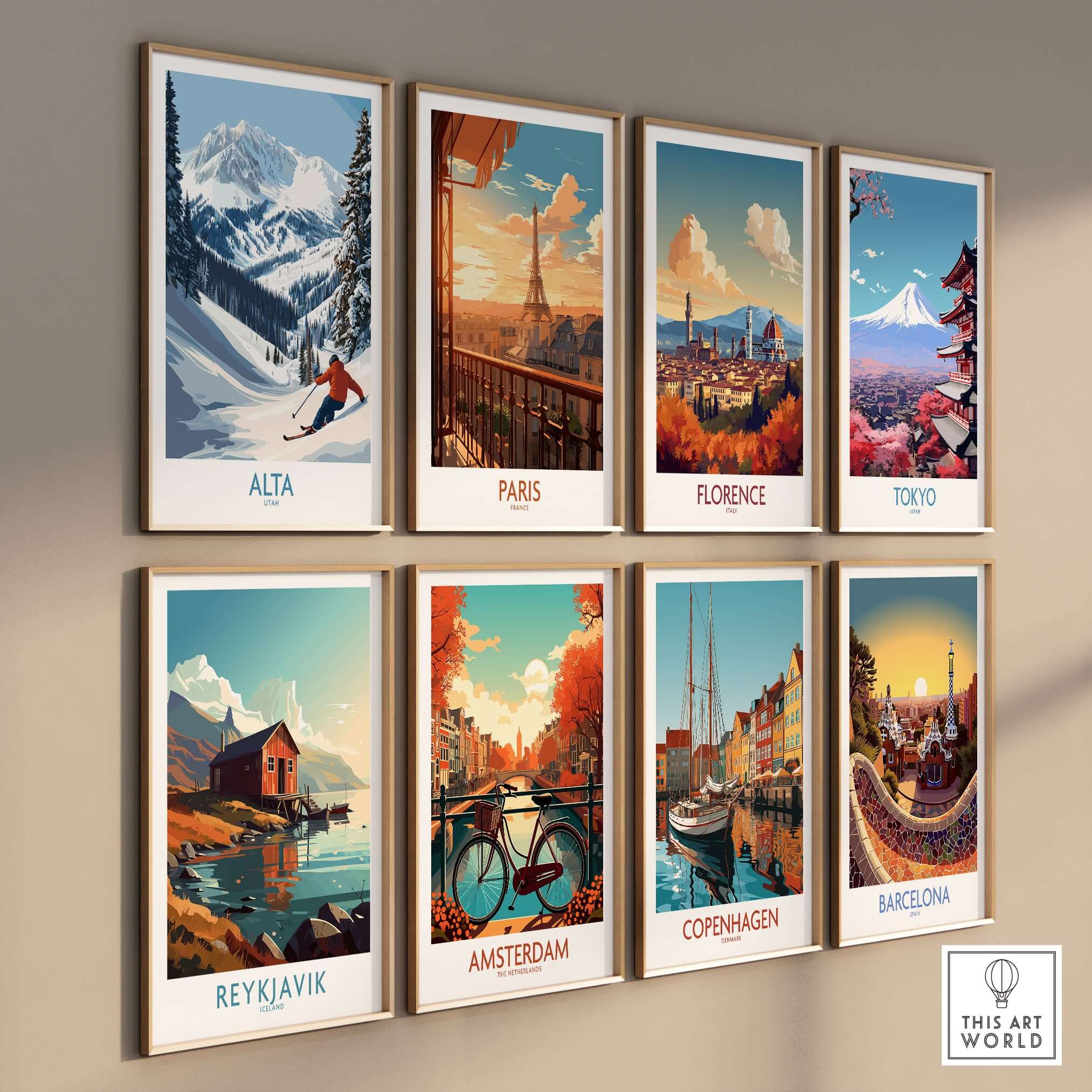 Framed prints of iconic cities including Alta, Paris, Florence, Tokyo, Reykjavik, Amsterdam, Copenhagen, and Barcelona.