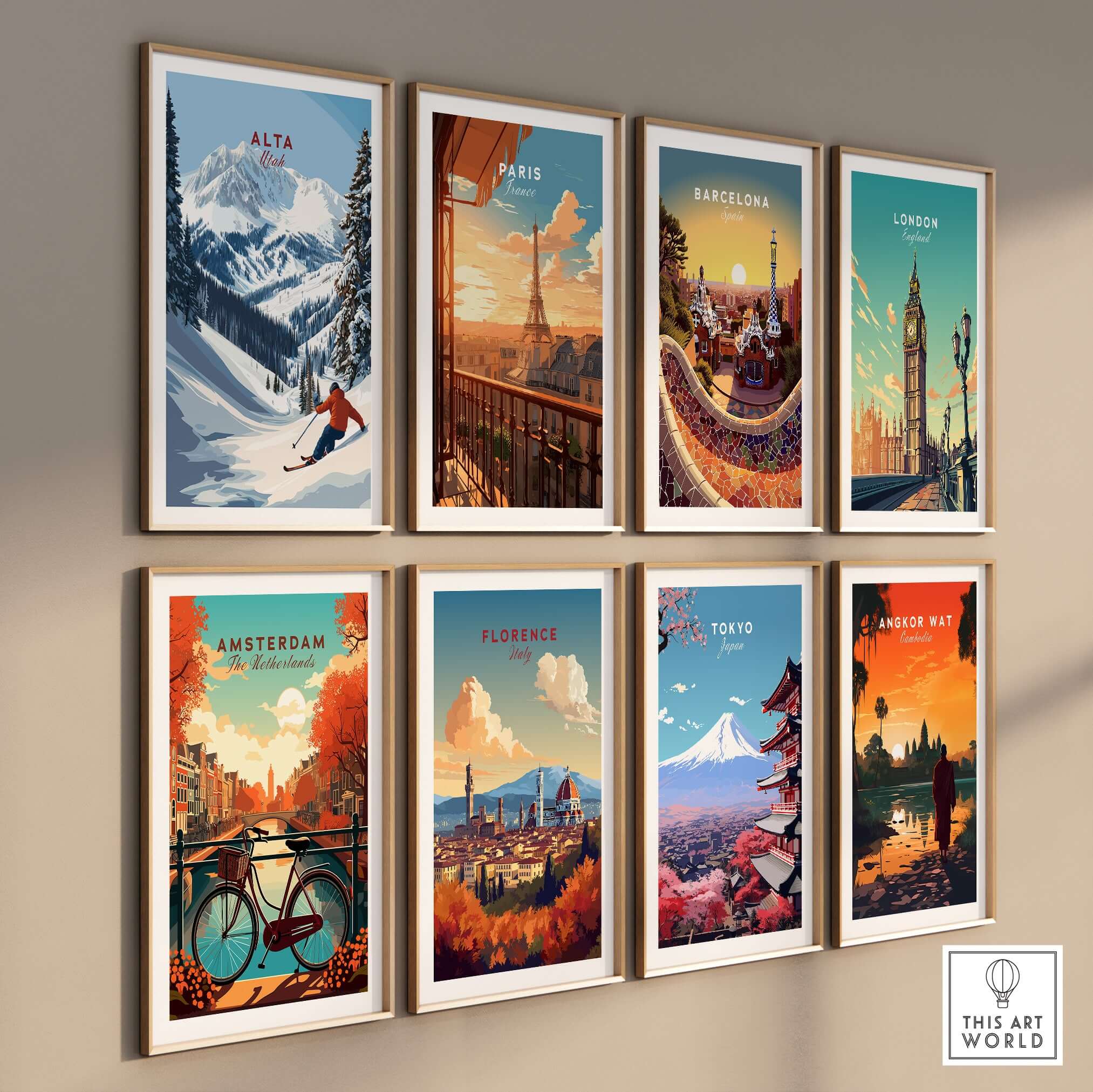 Collection of travel posters featuring iconic landscapes and cityscapes, including Alta, Paris, Barcelona, and more.