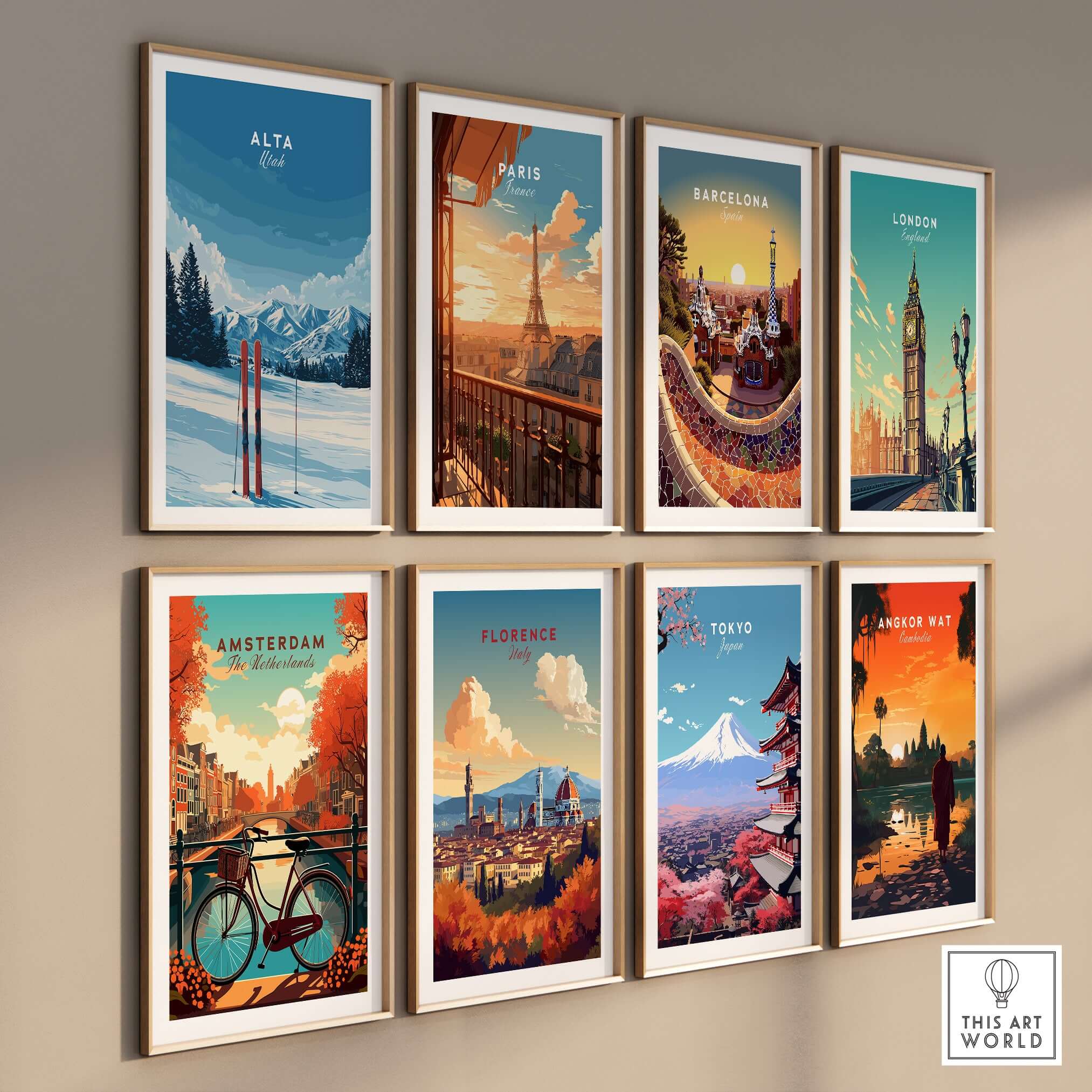 Framed wall art prints featuring cities like Alta, Paris, Barcelona, London, Amsterdam, Florence, Tokyo, and Angkor Wat.