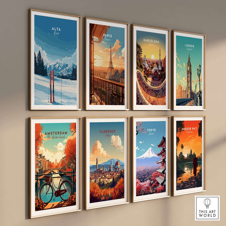 Framed wall art prints featuring cities like Alta, Paris, Barcelona, London, Amsterdam, Florence, Tokyo, and Angkor Wat.