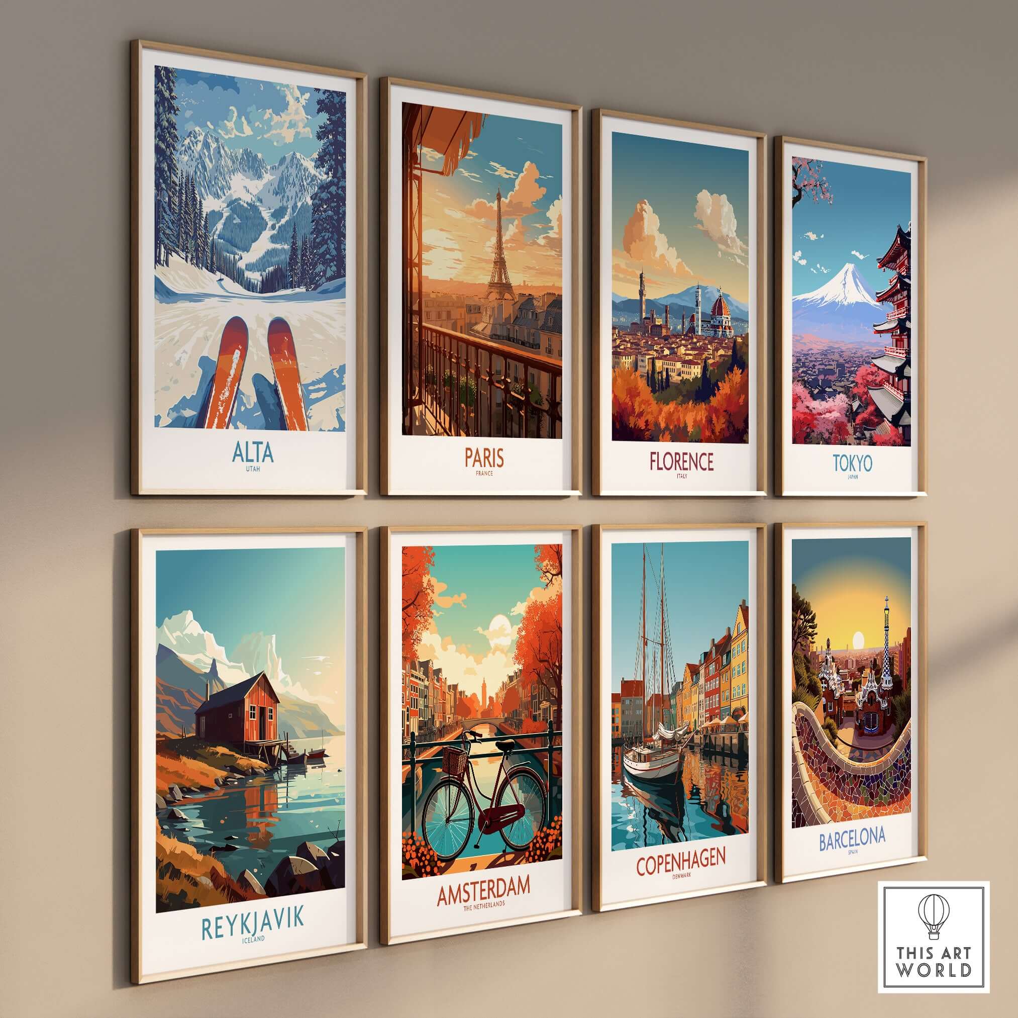 Gallery of travel posters featuring Alta, Paris, Florence, Tokyo, Reykjavik, Amsterdam, Copenhagen, and Barcelona.
