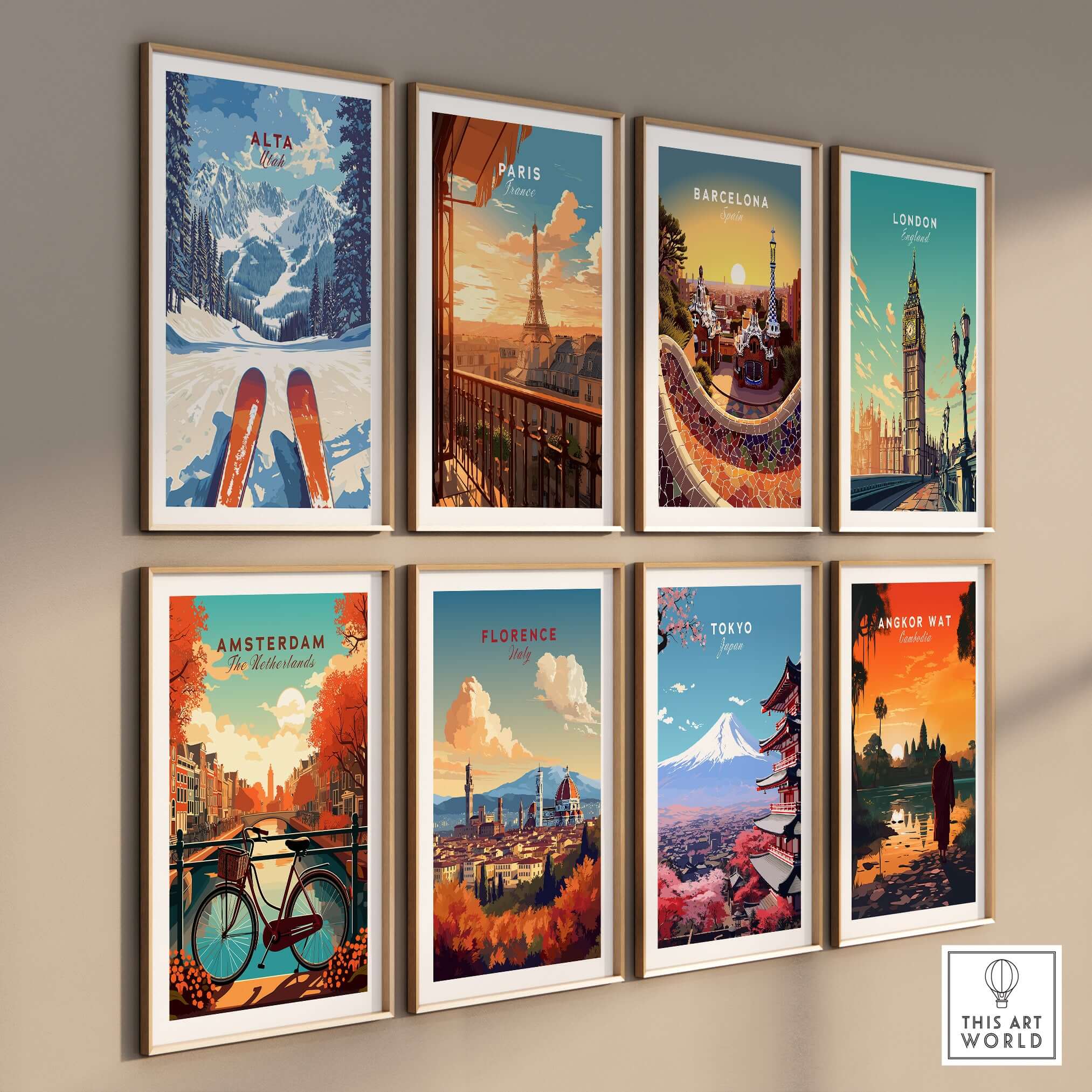 Framed panoramic travel art prints featuring cities like Alta, Paris, and Tokyo on a wall.